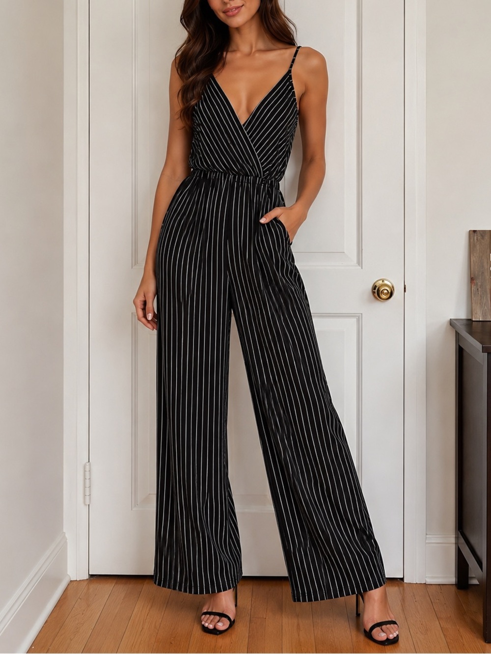 Gilli Black Pinstripe Wide-Leg Jumpsuit